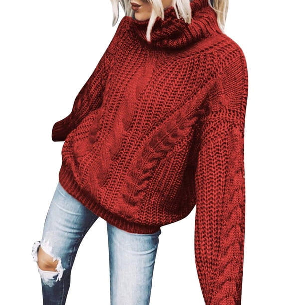 Suéter Abrigo Gibobby de cuello para mujer de Manga larga Suéteres de Punto de cable Rojo M