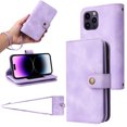thumbnail image 1 of for iPhone 14 Pro Wallet Case, [Card Slots] PU Leather ID Credit Holder Folio Flip Kickstand Magnetic Clasp Phone Cover & Lanyard & Shoulder Strap for iPhone 14 Pro, Purple, 1 of 9