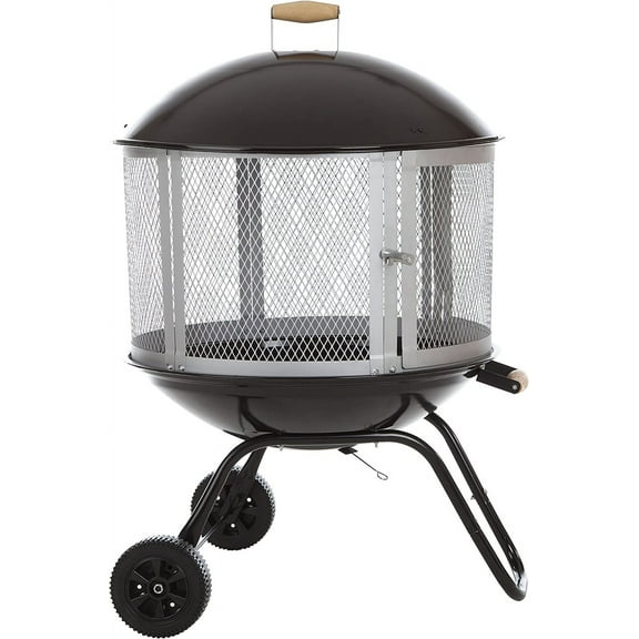01471 Fire Pit Bessemer Rolling Patio Fireplace Wooen Bonfire Porcelain Enamel Woo Burning with Wheels & Hanle Grip for Outoor Entertaining - Black & Silver - 28"