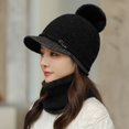 thumbnail image 3 of vnanda Weather Thermal Hat 2 Pcs/set Knitted Plush Ball Decor Hat Scarf Set Solid Color Elastic Soft Thermal Windproof Wide Brim Baseball Hat Neck Wrap Neck, 3 of 8