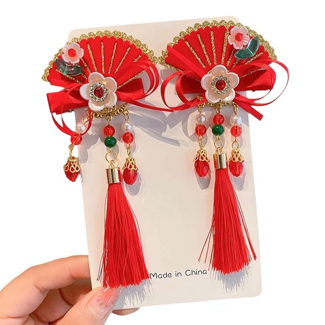 Diadema Hanfu estilo rojo para niños, horquilla antigua con borla, pinza para el cabello, accesorios para el cabello de Feliz Año Nuevo
