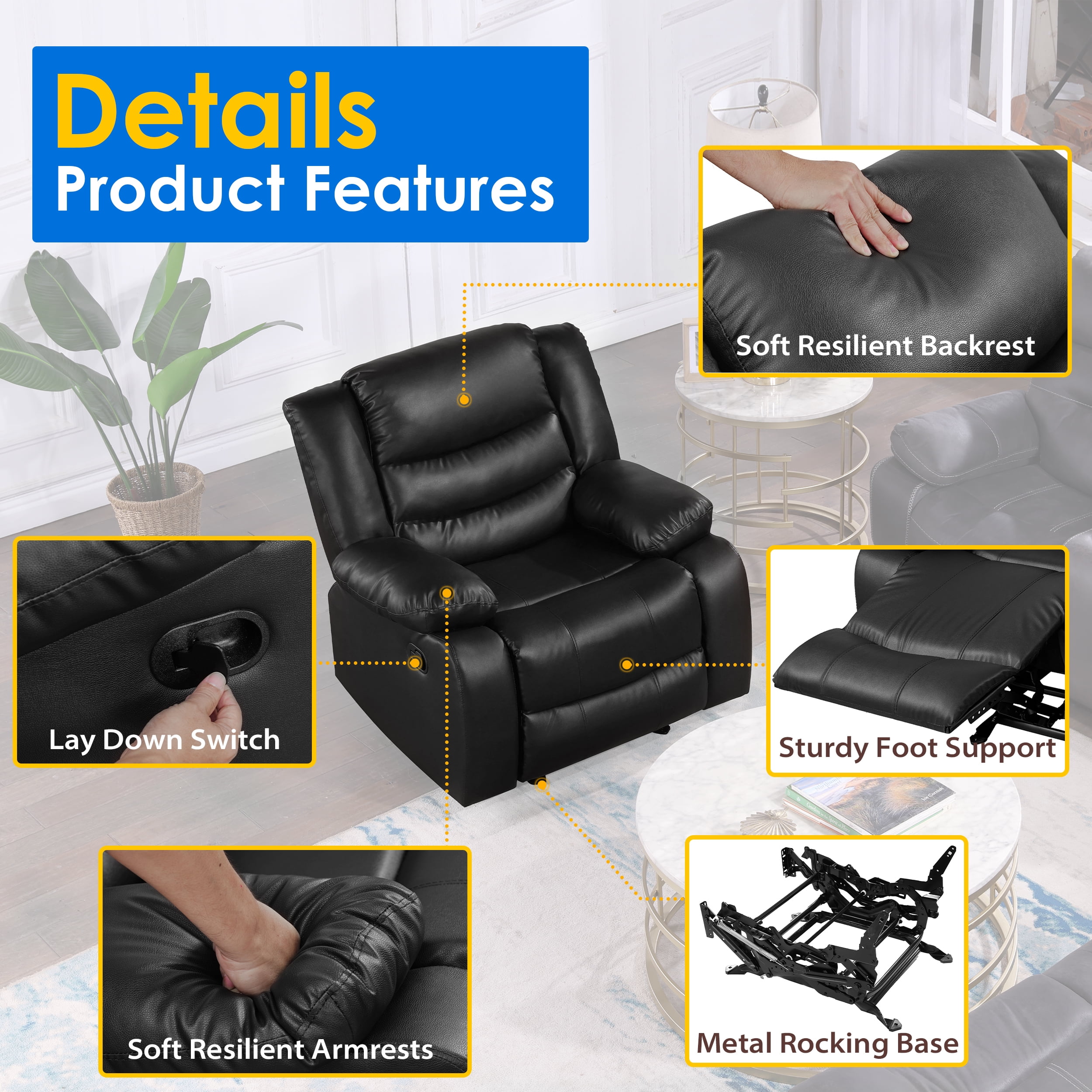 TrumanPick Recliner Chair PU Leather Rocker Recliners Sofa Chairs for Adults Lazy Boy Rocking Chair for Living Room, Black