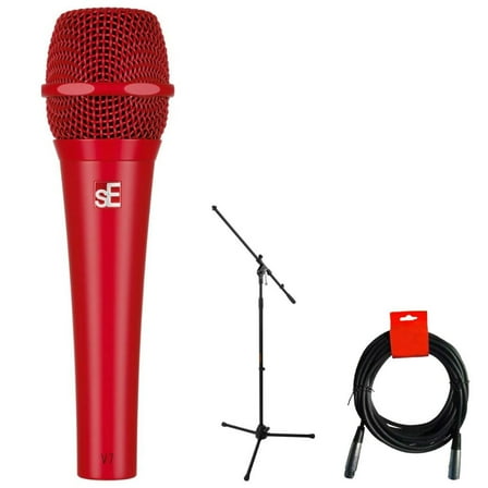 sE Electronics V7 Handheld Supercardioid Dynamic Microphone (Red) Bundle with Mic Stand with Fixed Boom, XLR- XLR Cable