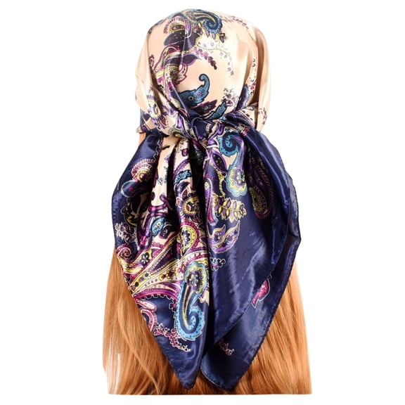 ManxiVoo Womens Lightweight Satin Square Scarf Floral Design Fashion Accessory for Spring Summer Season Navy