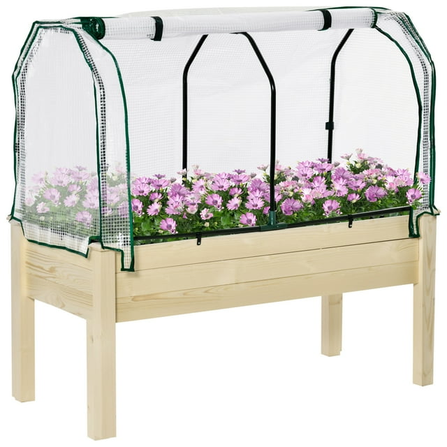 Outsunny Raised Garden Bed with PE Greenhouse Cover 48 x 22 x 46 inch Natural Wood Planter Box for Herbs and Vegetables