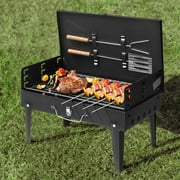 Portable Square BBQ Charcoal Grill for Patio, 44x27x22cm Foldable BBQ Grill with Lid, Adjustable Height Cooking Grid for Outdoor Picnic, Camping, Beach, Park, Black