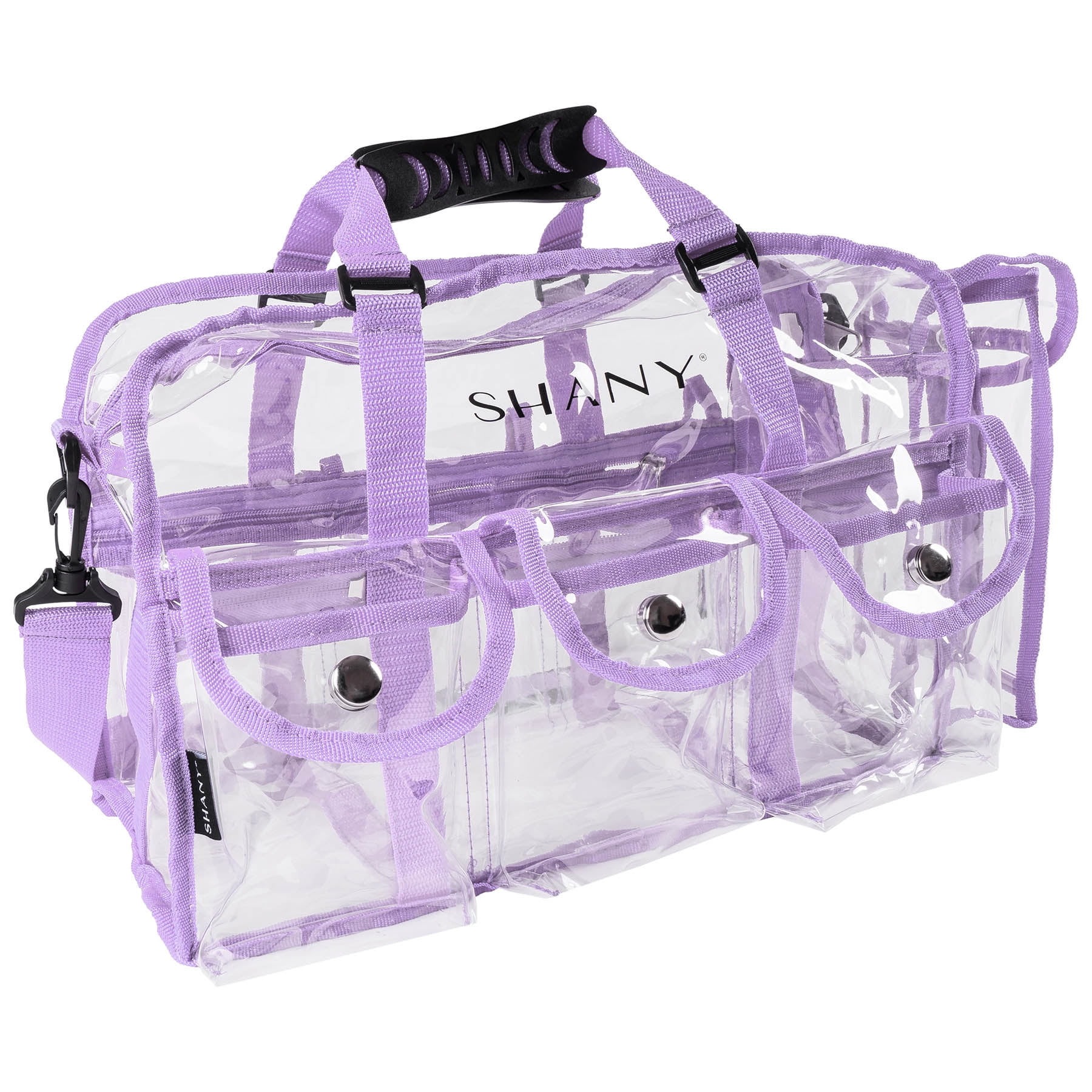 SHANY Clear PVC Makeup Bag PURPLE SH-PC01PR Large Professional Makeup Artist Rectangular Tote with Shoulder Strap and 5 External Pockets
