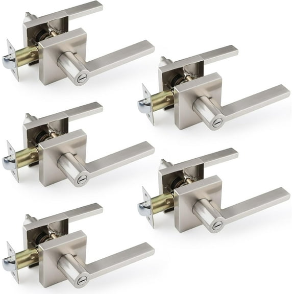 5 Pcs Satin Nickel Door Handles, Keyless Interior Bedroom Bathroom Door Knobs, Door Knobs Interior in Silver Finish, Privacy Door Levers Heavy