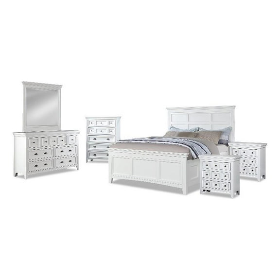 FOA Ender 6pc White Wood Bedroom Set - Queen 2 Nightstands Chest Dresser Mirror