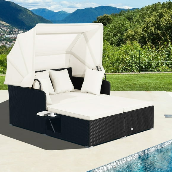 Costway Patio Rotin Daybed Lounge Escamotable Top Auvent Tables d'Appoint Coussins Blanc
