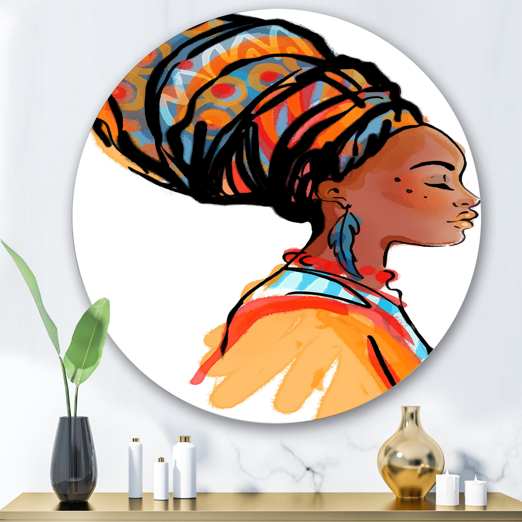 Designart 'Afro American Woman with Turban I' Modern Circle Metal Wall Art 29x29 - Disc of 29