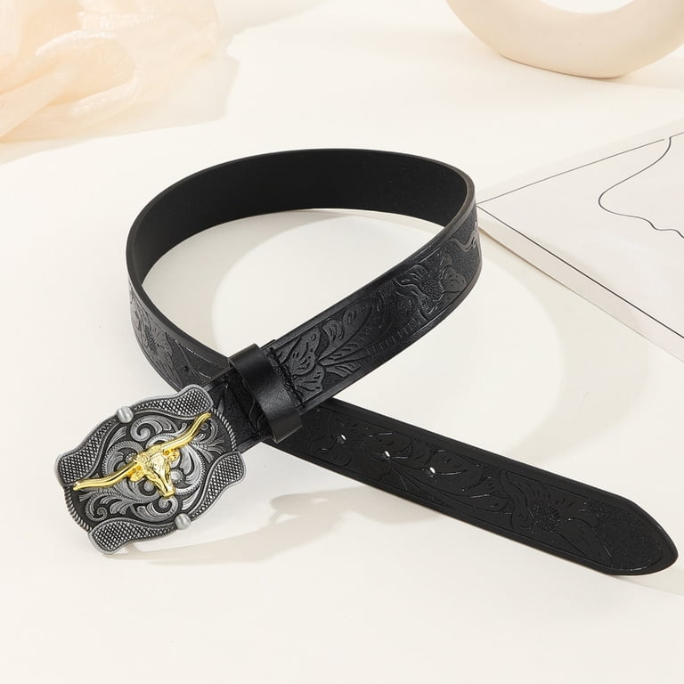 6962 Western Belt Cowboy Belts For Men Women, Leather Bull Western Leather Buckle Belt for Men Women Floral Engraved  main image 3