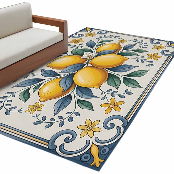 Area Rugs for Living Room 4x6 Ft, Yellow Blue Lemon Non Slip Area Rugs for Kitchen Bedroom Entryway, Summer Botanical Watercolor Washable Carpet Runner Rug Floor Mats for Bedroom Home Decor