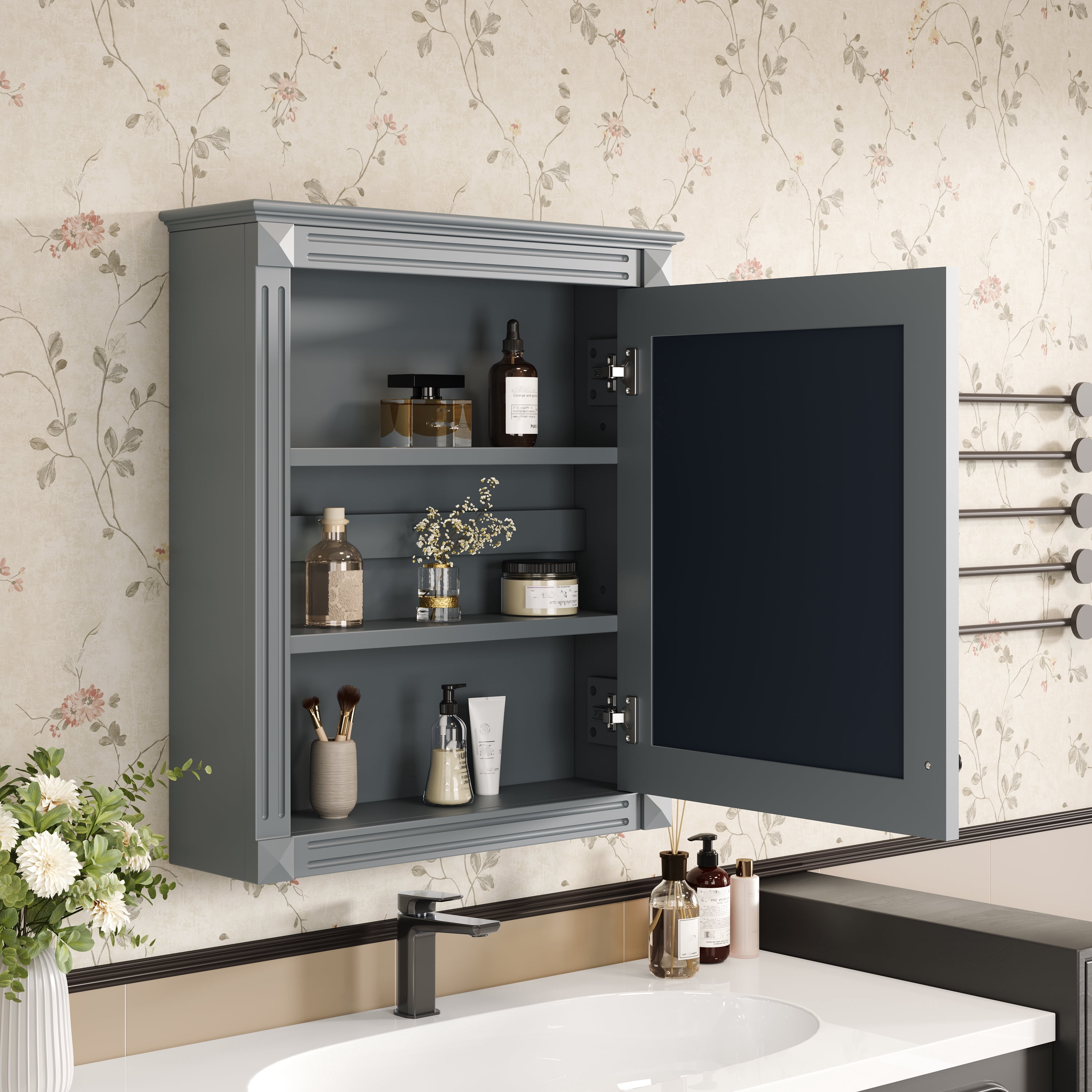 Euroco 24'' x 27'' Wall Mounted Bathroom Storage Cabinet with Mirror, Medicine Cabinet with Height Adjustable Shelf, Over the Toilet Space Saver Cabinet