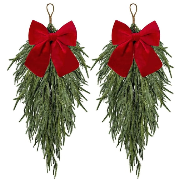 2 Pcs Norfolk Pine Christmas Swag with Velvet Bow,27.5inch Norfolk Pine Teardrop Swag,Christmas Teardrop Wreath for Door Window Mantle Fireplace Indoor Outdoor Home Decor