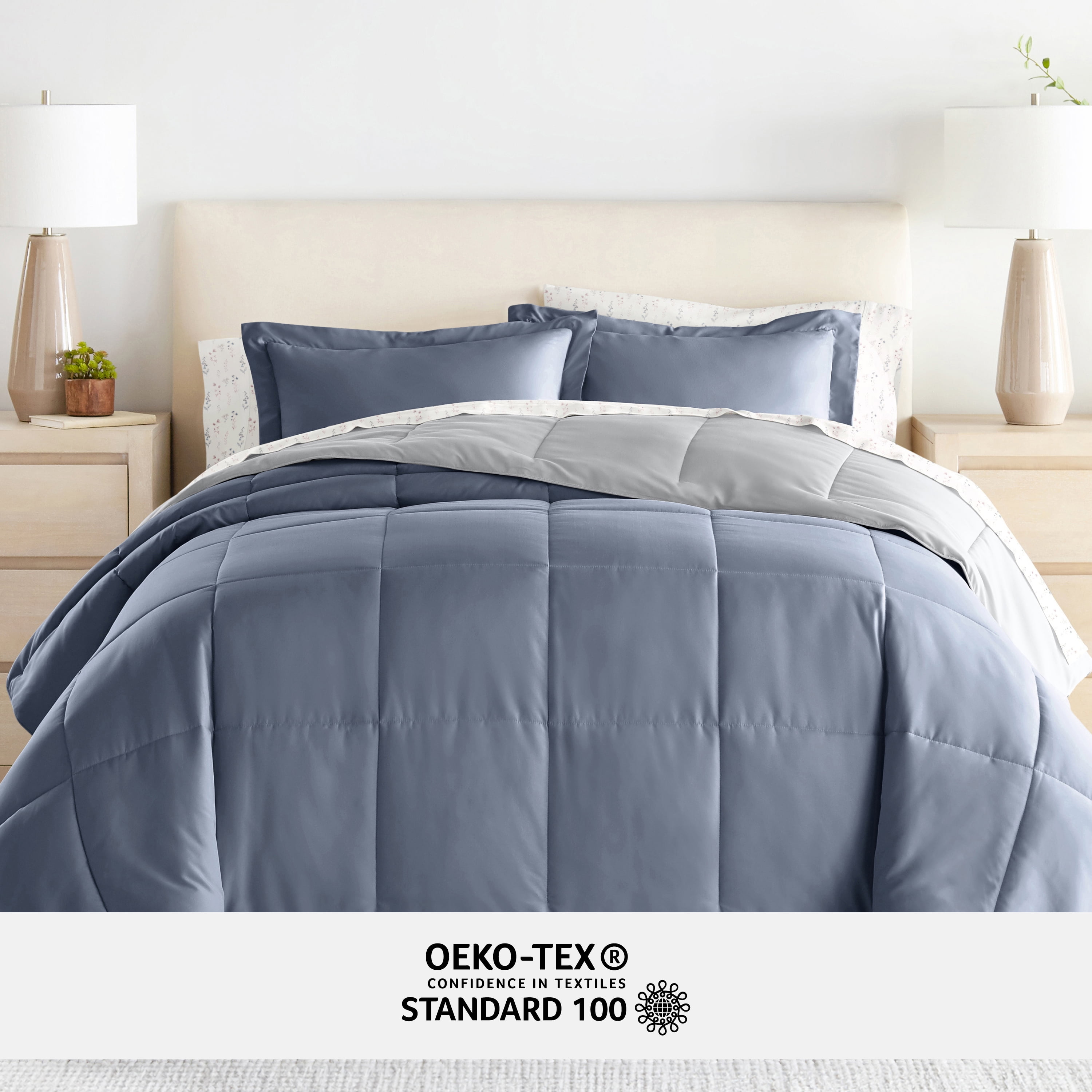 Noble Linens 7 Piece Bedding Bundle, Reversible Comforter and Patterned Sheet Set, Full