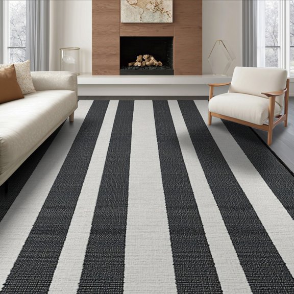 ODIKA 6'x9' Washable Area Rug Striped Modern Farmhouse With Even Ticking Lines And Borders for Queen Size Bedroom, Under Bed, Master Suite, Easy Care, Non-Shedding