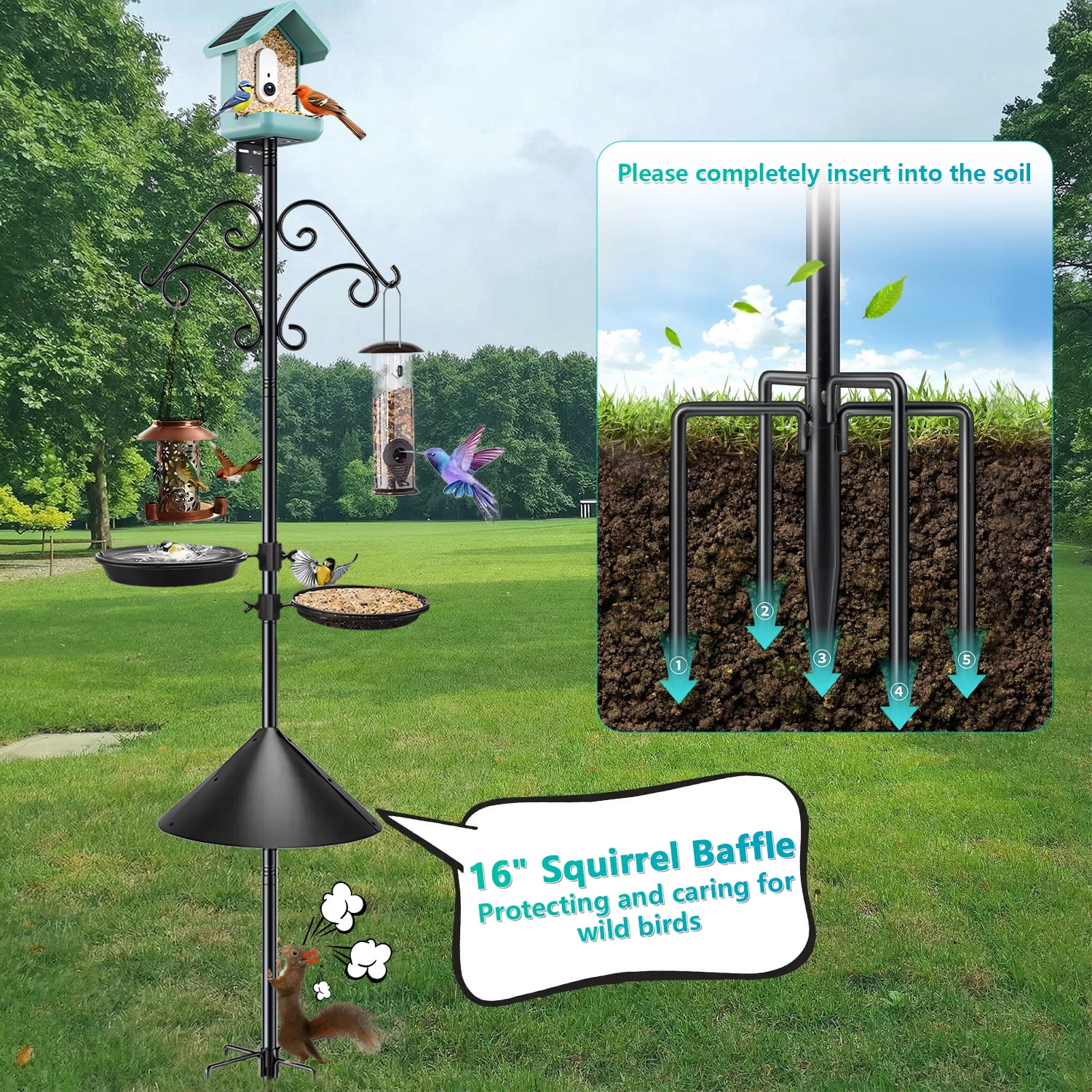 Teblint 92" Bird Feeding Station, Heavy Duty Bird Feeder Pole Bird House Stand Mount Kit with Squirrel Proof Baffle Shepherd Hooks for Outdoor, Adjustable Feeder Stand for Attracting Wild Birds