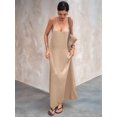 thumbnail image 4 of Women's V-Neck Sleeveless Backless Maxi Solid Suspender Robe Dress for Party Summer Khaki S, 4 of 9
