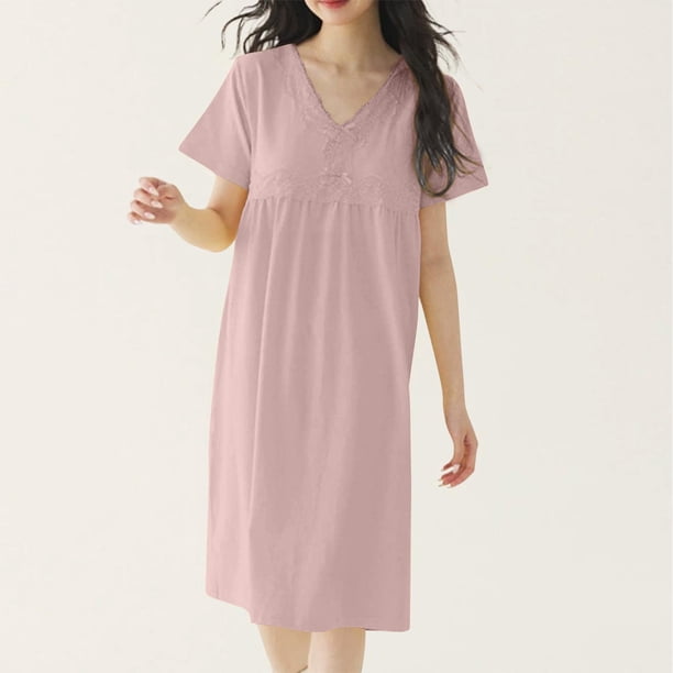 Camisón largo de mujer de color liso con encaje, manga corta, cuello en V, informal y moderno, de poliéster.