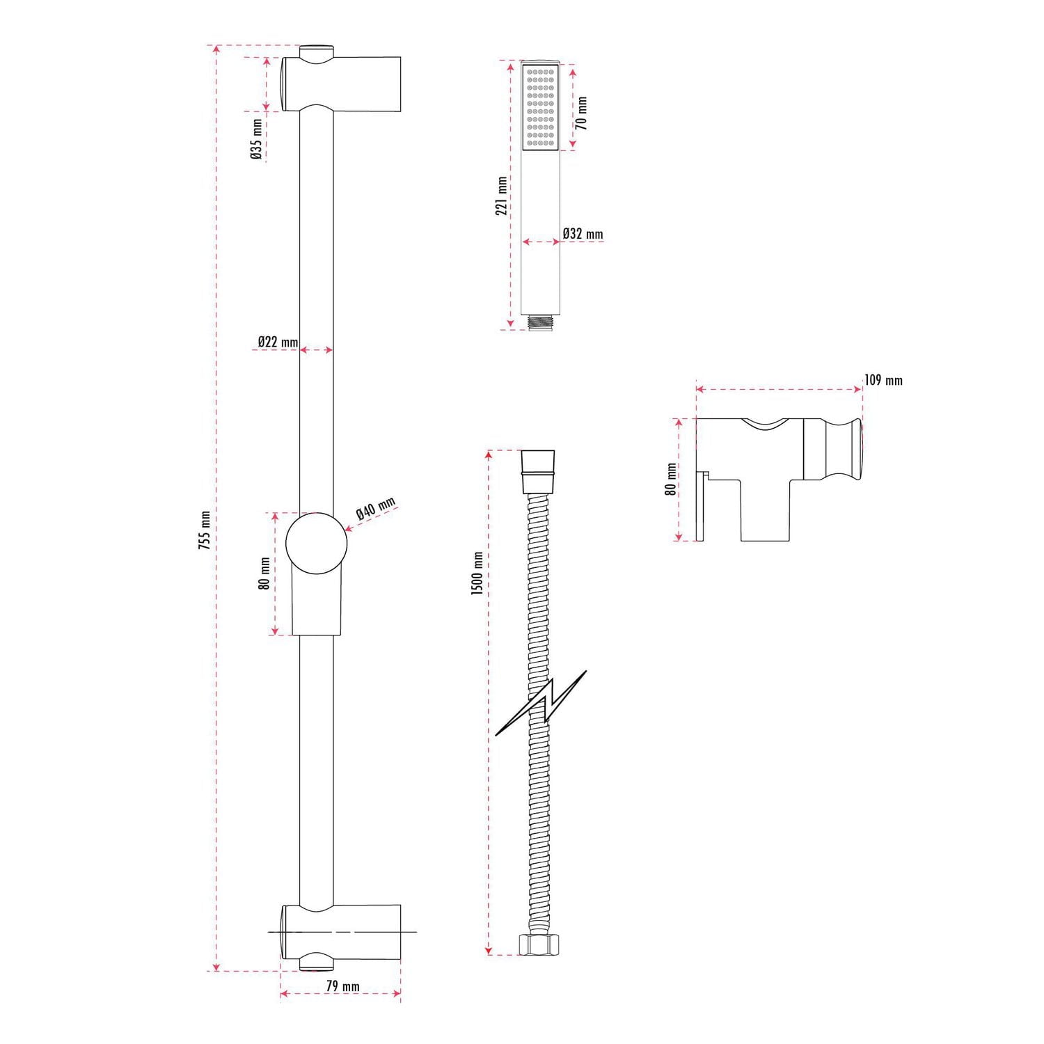Robinet de douche noir mat à pression équilibrée à inverseur 3 voies rond d'akuaplus®, douchette à main sur mât, tête de douche
