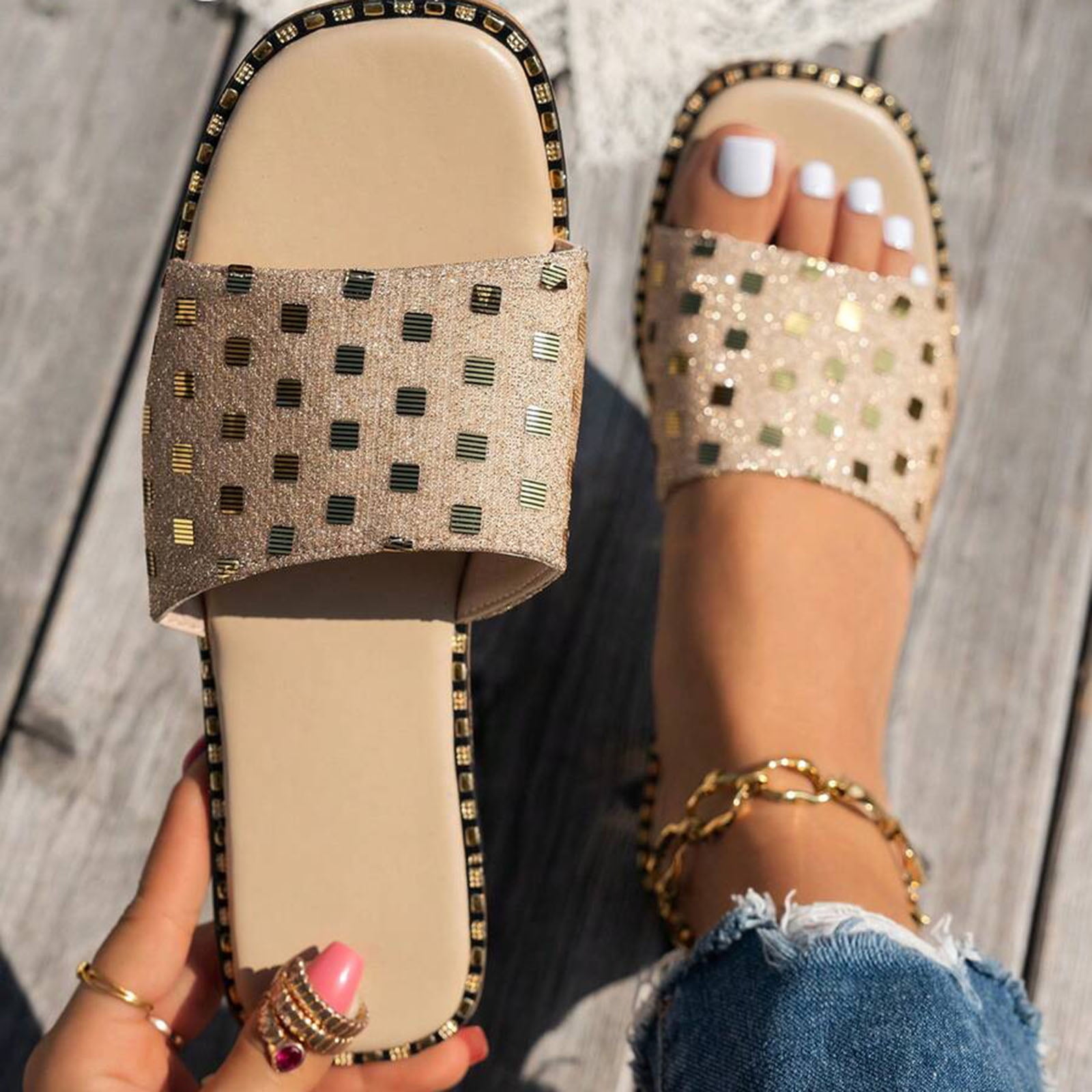 Rokment Flat Slip on Slides Sandals for Women Ladies 2026 Trendy Casual Bow Crochet Open Tow Low Heels Mules Summer Dress Slippers Vacation Khaki Size 7