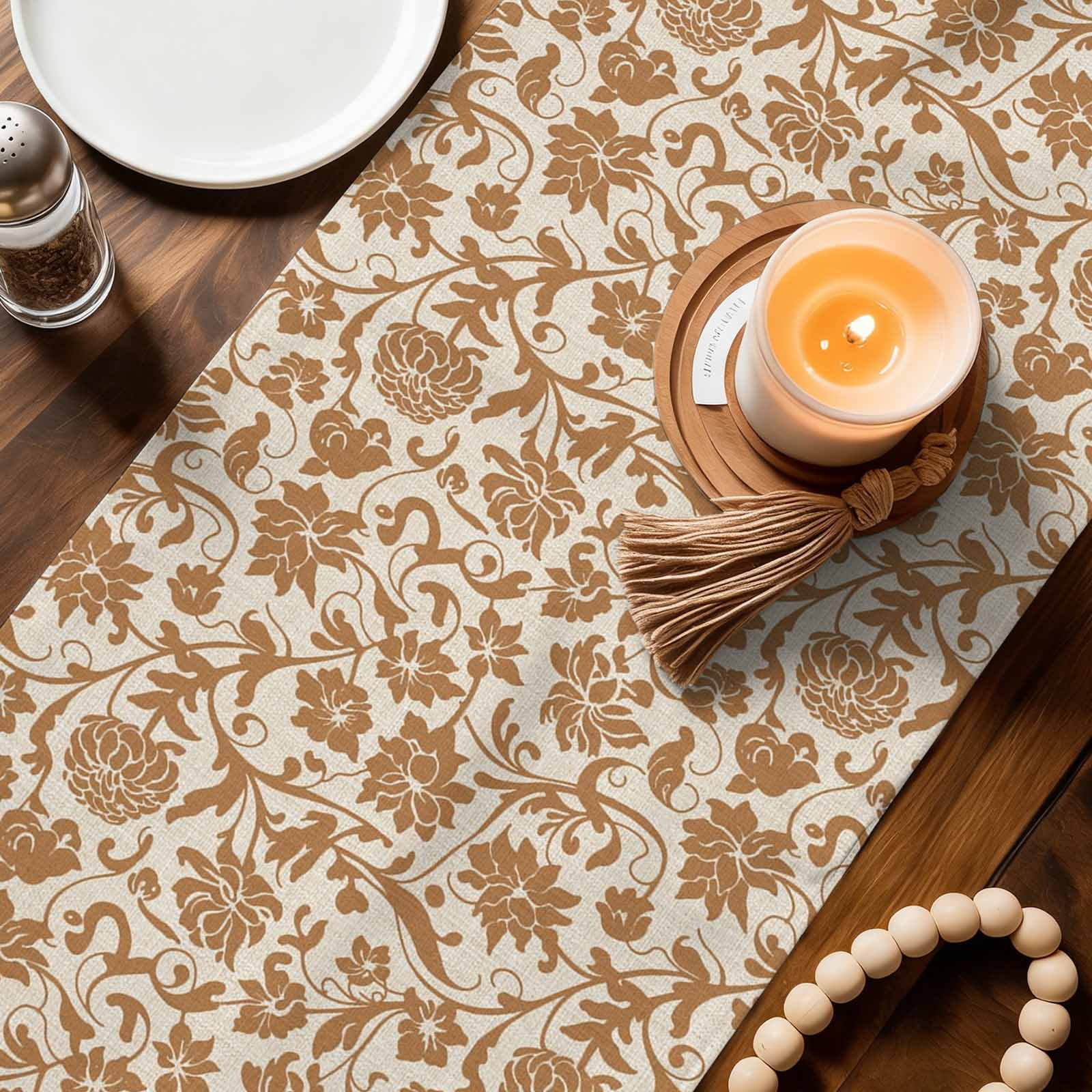 Brown Floral Table Runner Linen Burlap Table Runner 60 Inches Long Vintage Rustic Flowers Botanical Spring Dresser Scarves for Kitchen Island Coffee Dining Party Wedding Banquet Holiday Decor 13"x60"