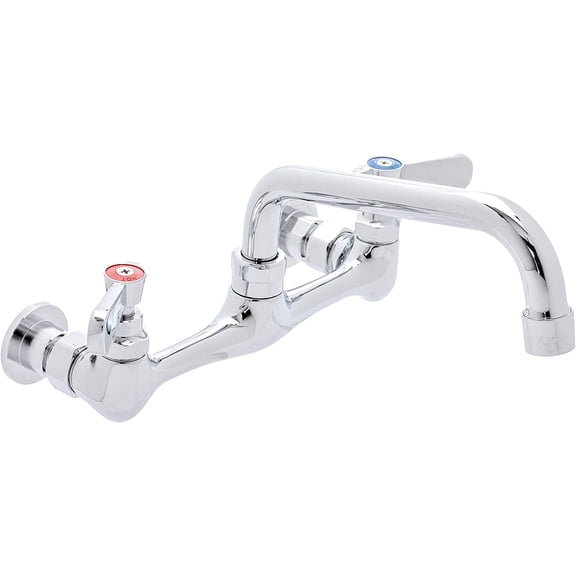 DuraSteel Wall Mount Commercial Sink Faucet - 8" Center Kitchen Utility Sink Faucet with 6" Swivel Spout - Dual Lever Handles - Chrome Polished Brass