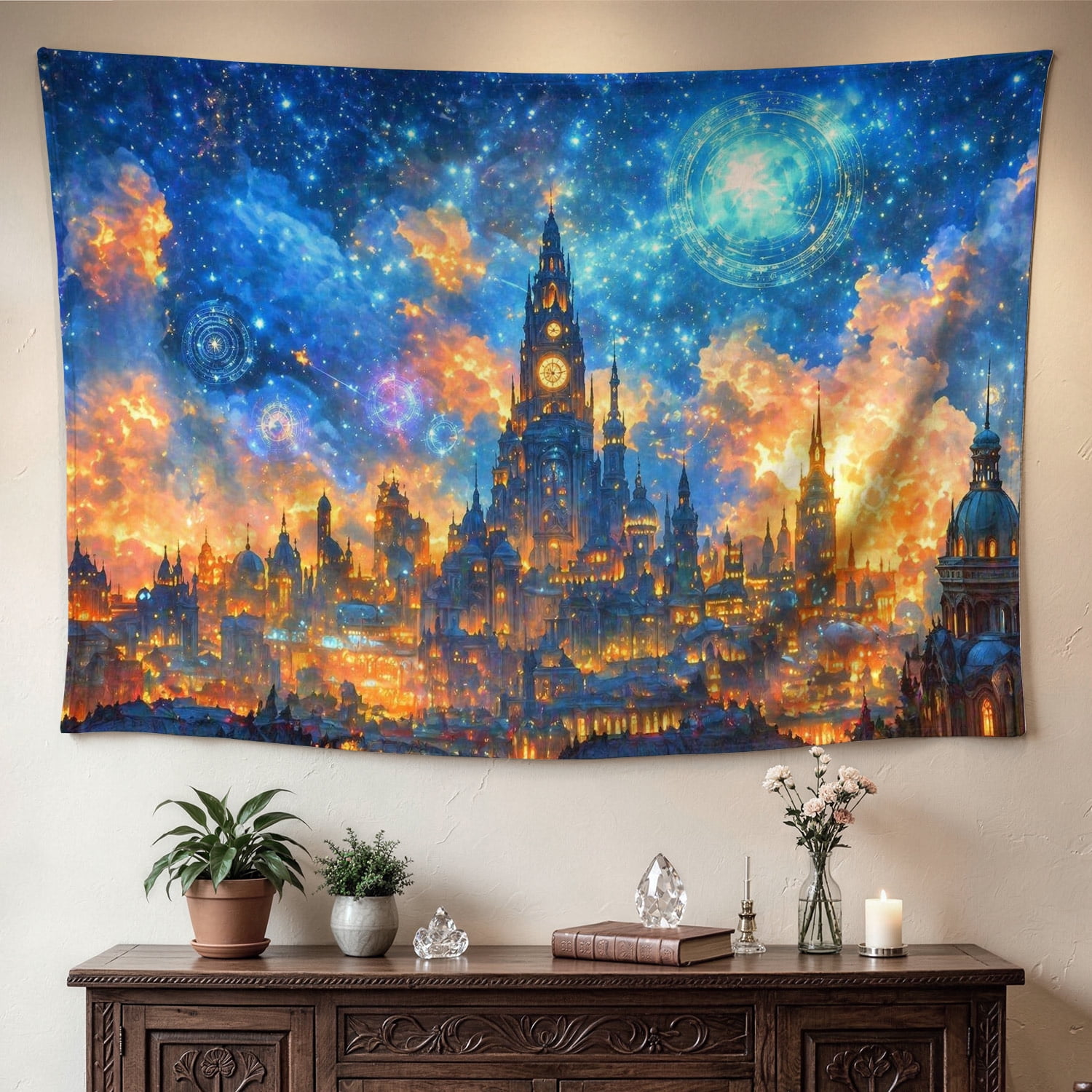 Fantasy Starry Castle Nightscape Wall tapestry,Large size Printed Horizontal Tapestry blanket,Polyester Fabric Wall Hanging for living room,bedroom,Gift for Family and Friends