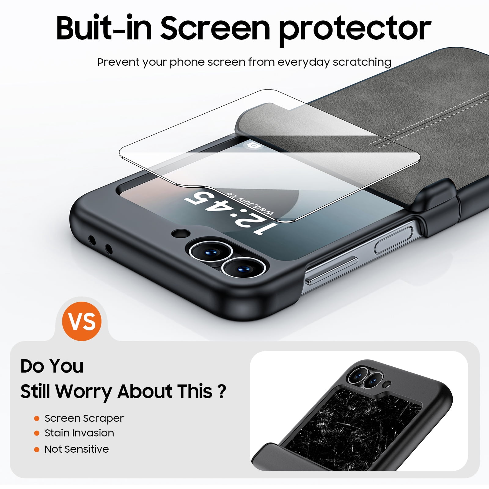 Oupeigar for Samsung Galaxy Z Flip 6/7FE Phone Case,with Hinge Protection & Screen Protection,Ultra Thin Leather Shockproof Cover Case-Gray