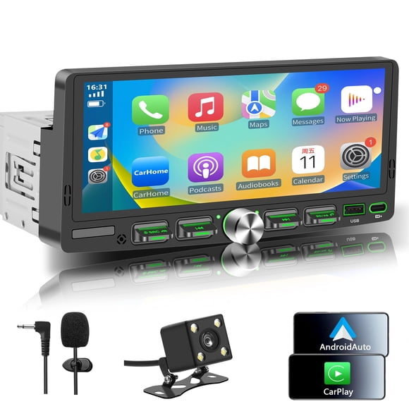Single Din Touchscreen Radio with Wireless Apple CarPlay & Android Auto, 6.9" IPS Car Stereo with Bluetooth, Mirror Link, FM/AM,EQ, USB/Type-C, SWC,
