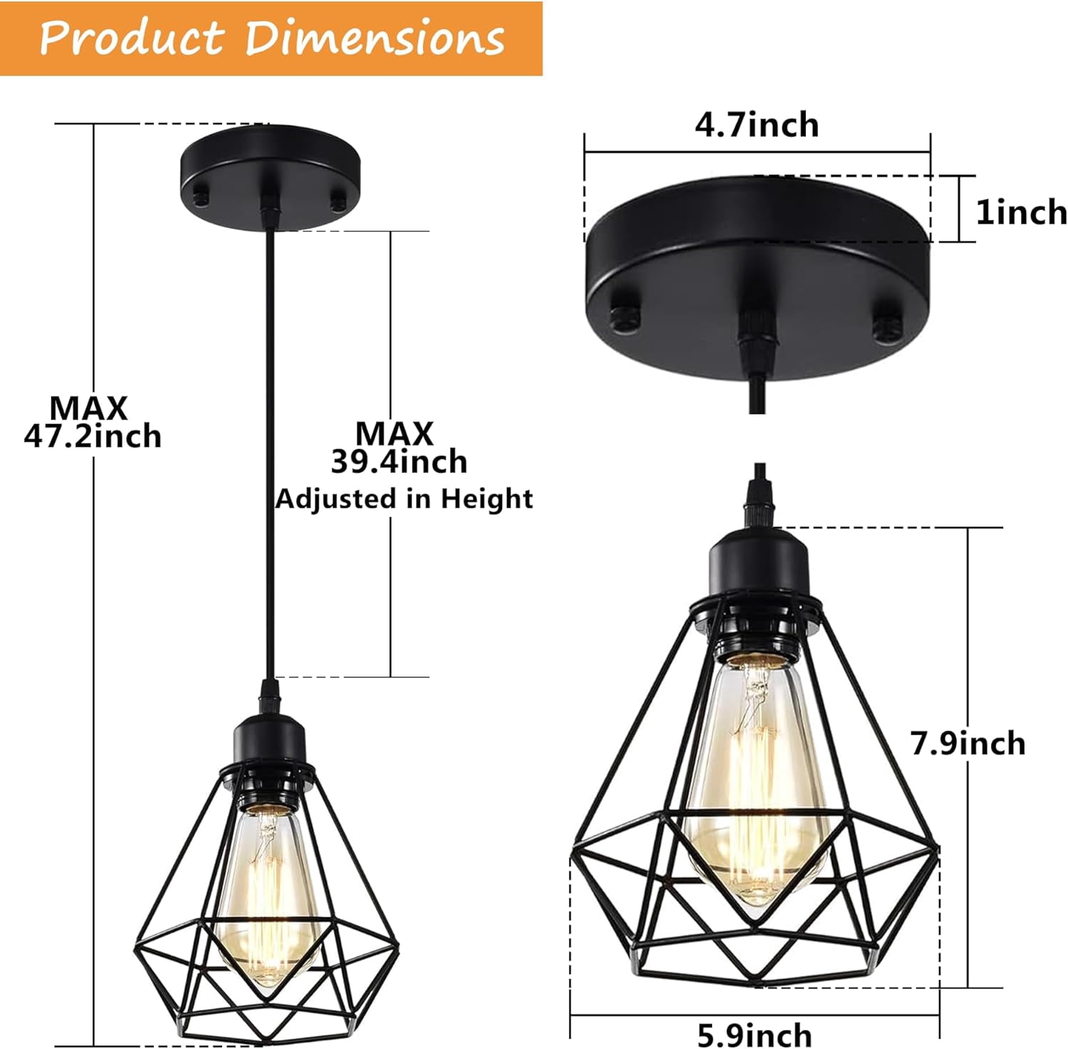 Modern Industrial Pendant Light 2 Pack Black Metal Geometric Cage E26 Hardwired Hanging Ceiling Light for Kitchen Island