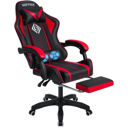 Hoffree Gaming Chair Massage Game Chair with Footrest and Massage Lumbar Support Ergonomic Computer Chair Height Adjustable with Swivel Seat and Headrest