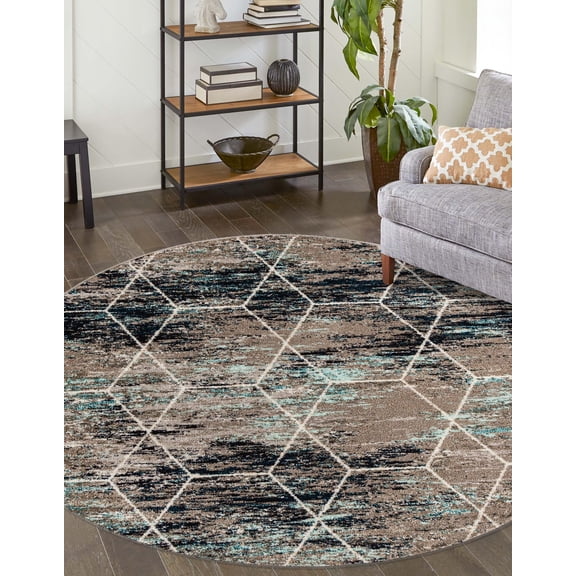 Rugs.com Lattice Frieze Collection Rug – 6' Round Blue Multi Medium Rug Perfect For Kitchens, Dining Rooms
