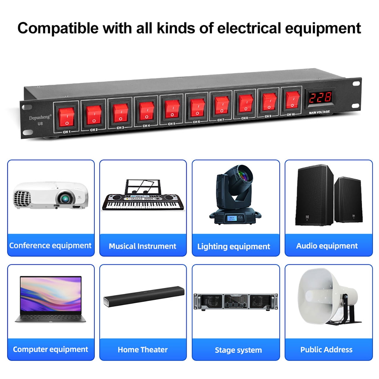 Depusheng U8 Power Sequencer 10 Channel  Power Rack Mount Switch Conditioner Pro Audio Digital Power Supply Surge Protector for Home Electrical Appliance,Surge Protector