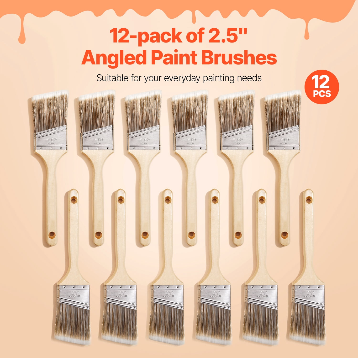 KFFKFF Painting Tools, Set of 12 Angled Paint Brushes, Crafted Wood Grip, Suitable for All Latex & Oil Paints, Stains, Ideal for Cabinets, Walls, Fences, Indoor & Outdoor Application
