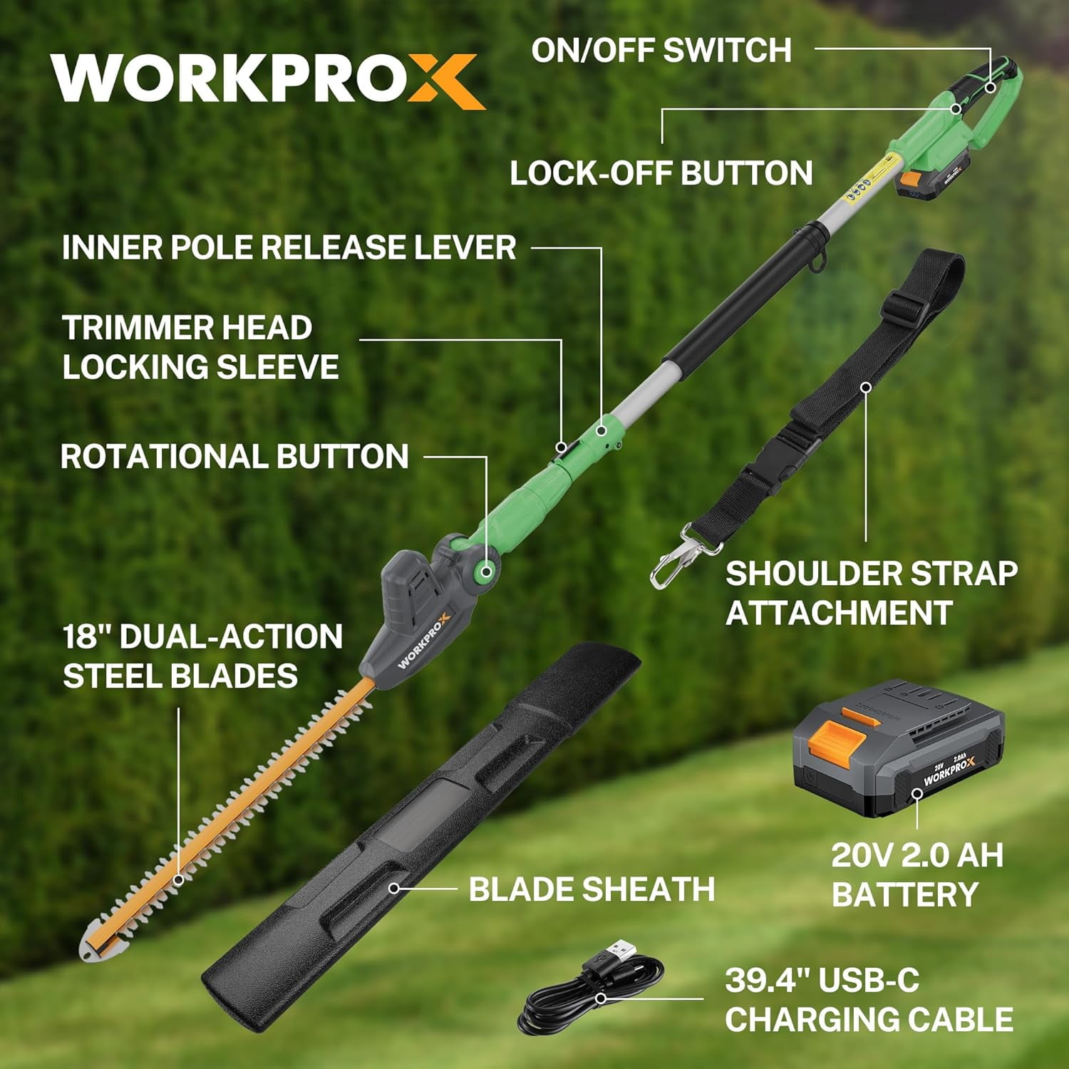 WORKPROX 20V Cordless Pole Hedge Trimmer, 9.2 ft Reach, 11-Angle Adjustable Head with Extension Pole, 2.0Ah Battery Included