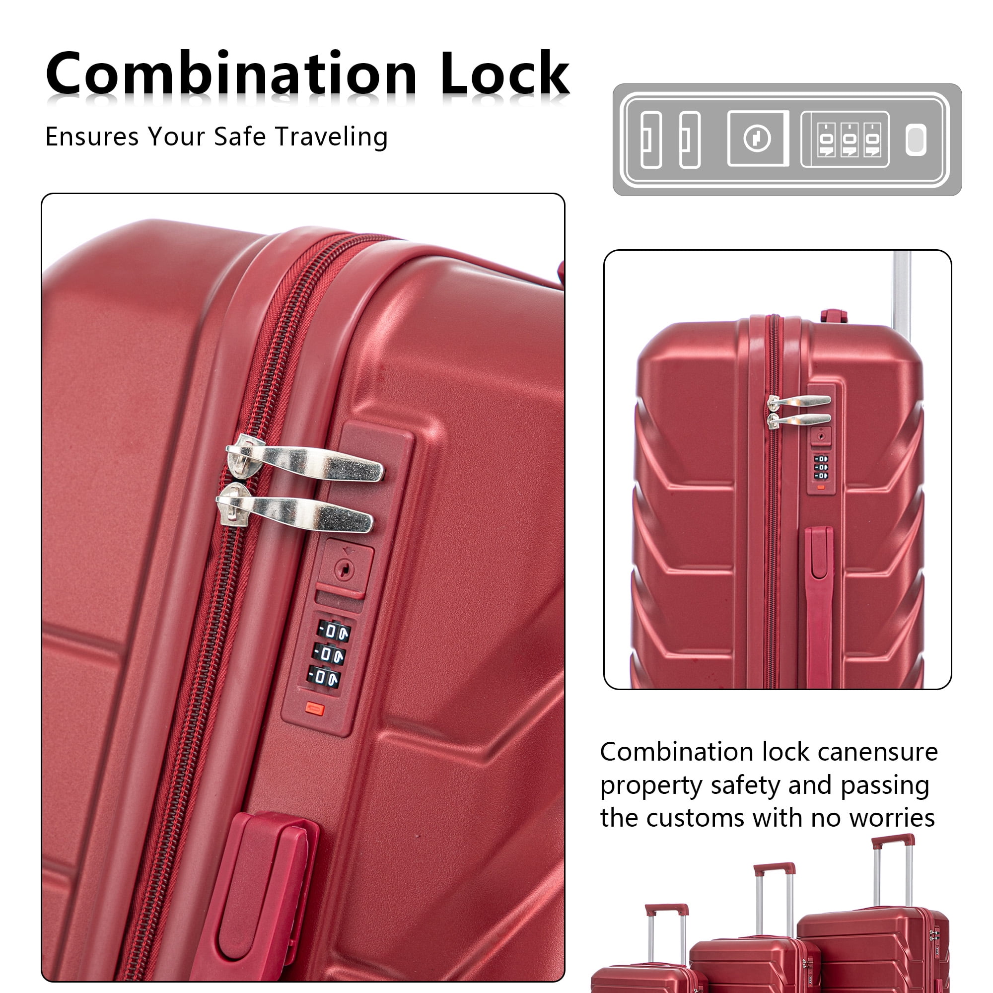 Alvantor 3Pcs Luggage Set, ABS Hardside Spinner Suitcase with Combination Lock, 20/24/28 Inch, Wine Red