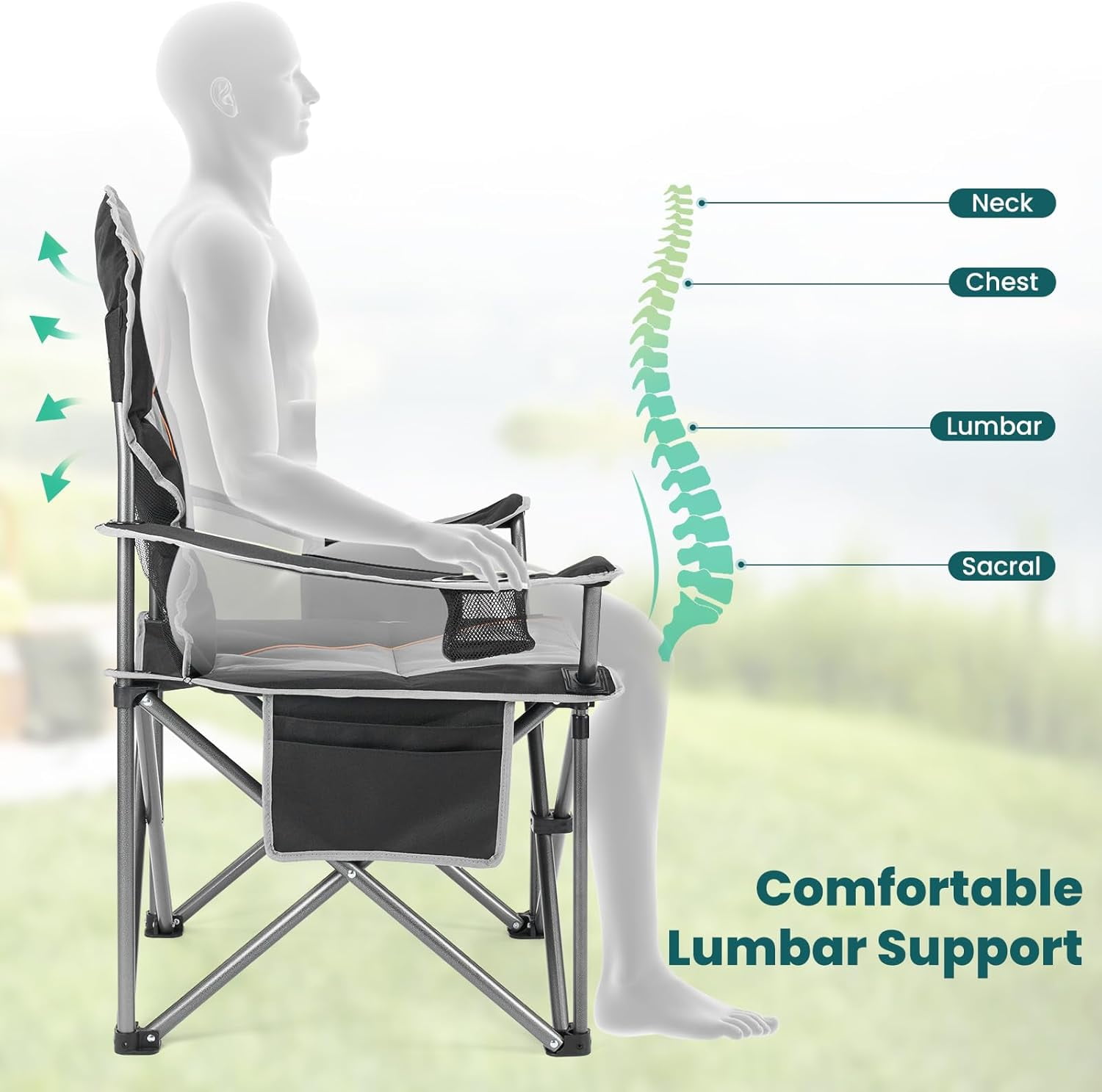 Oversized Camping Chair, Folding Chairs with Padded Back and Armrest, Steel Frame with Cooler Bag, Storage Netting Cup Holder, Black