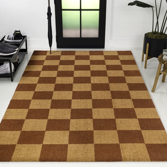 JONATHAN Y NRF110A-3 Peater Classic Casual Commercial Natural Coir Natural/Red Checker 3 ft. x 5 ft. Indoor/Outdoor Area Rug