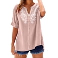 thumbnail image 2 of ClodeEU Women's Linen Blend Embroidered Short Sleeve Shirt,Casual Crewneck Blouse Top Pink,Womens Plus S, 2 of 6