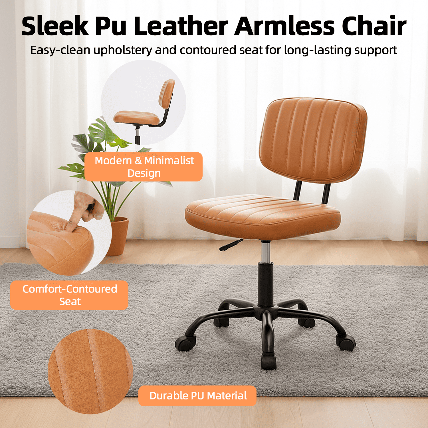 LIFERECORD PU Leather Armless Home Office Desk Chair, Small Ergonomic Task Chair for Adults and Students, Low Back Seating with Swivel, Adjustable Height, Rolling Wheels, Brown