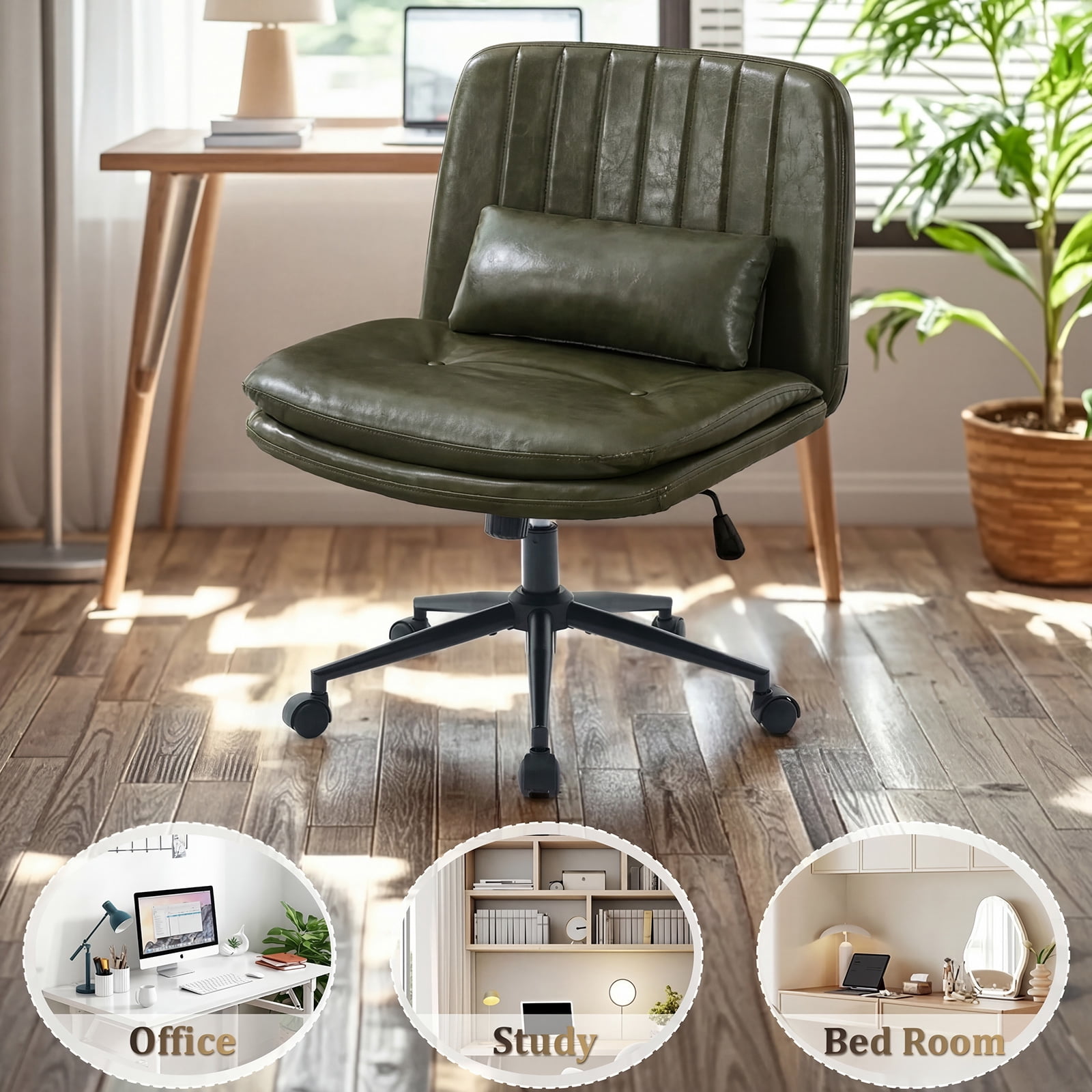 IPKIG Small Armless Criss Cross Chair, Adjustable Swivel PU Leather Office Desk Chair with Lumbar Support Pillow for Home, Makeup Vanity, Green