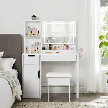 Mainstays Kensington 2-Piece Vanity and Stool with Lighted Mirror and USB Power, White