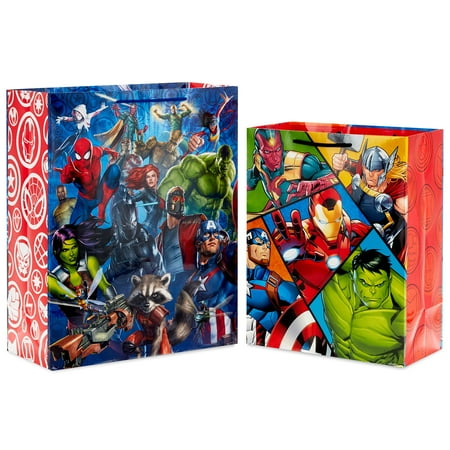 Hallmark Marvel Avengers PriNst Superhero Gift Bag Set (1 Large 13" Bag and 1 Extra Large 15" Bag) with Spider-Man, Hulk, Thor, Iron Man for Birthdays, Christmas, Halloween