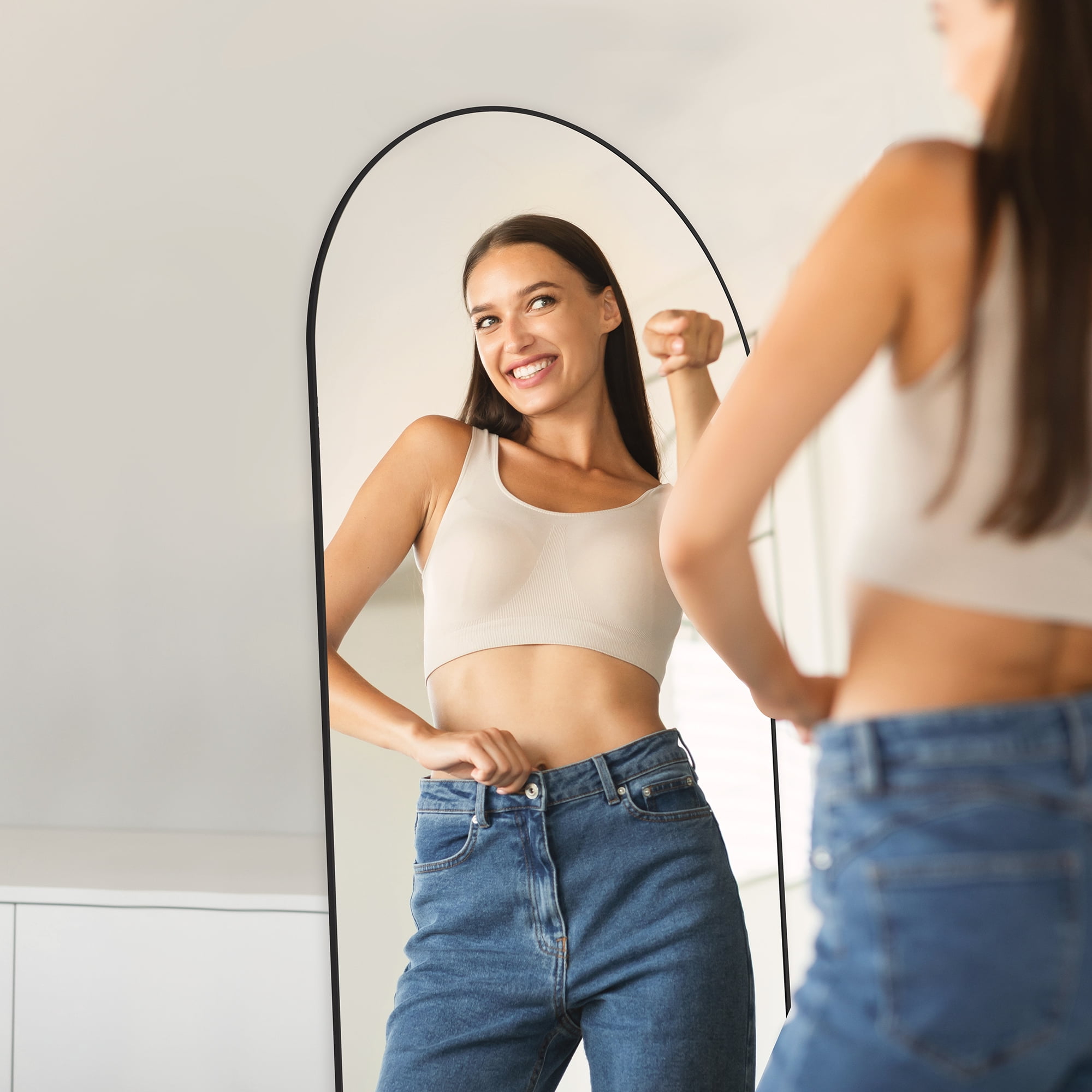 Gianna 59"x16" Arched Full Length Mirror with Stand Aluminum Frame Floor Mirror for Bedroom,Black