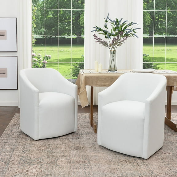 KINWELL 25" Wide Upholstered Dining Chairs with Casters Set of 2, No Assembly Modern Performance Fabric Barrel Back Rolling Dining Armchair for Kitchen Dining Room (Ivory)