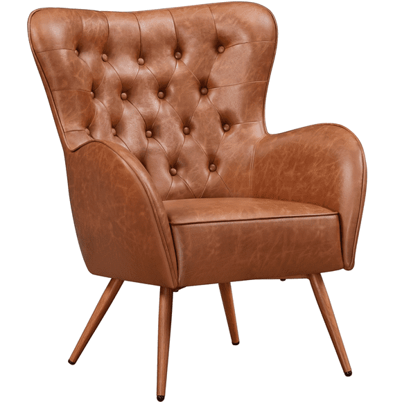 Easyfashion Vintage Faux Leather Accent Chair with Diamond Button for Living Room, Brown