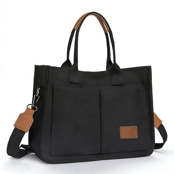 Canvas Tote Bag for Women, Large Multi-Pocket Shoulder Handbag, Crossbody Messenger Bag, Black