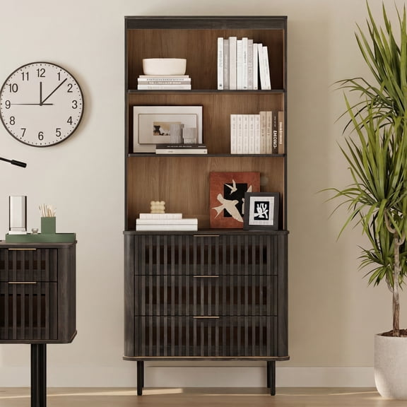 WAMPAT 72.8" Tall 3-Tier Bookshelf with 3 Large Drawers, Modern Bookcase with Storage, Adjustable Shelves, Wood Storage Cabinet, Black